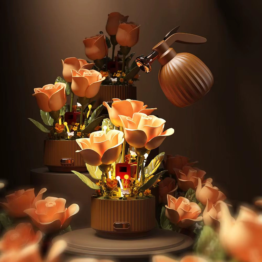 Dynamic Wooden Flower Arrangement Bouquet Model Auto-Blooming Petals, Magic Sprayer & Aromatherapy Breathing Lights