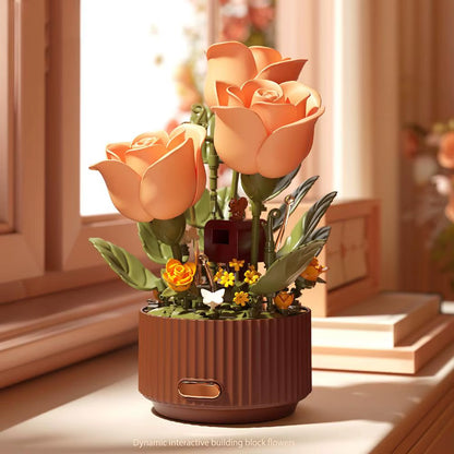 Dynamic Wooden Flower Arrangement Bouquet Model Auto-Blooming Petals, Magic Sprayer & Aromatherapy Breathing Lights