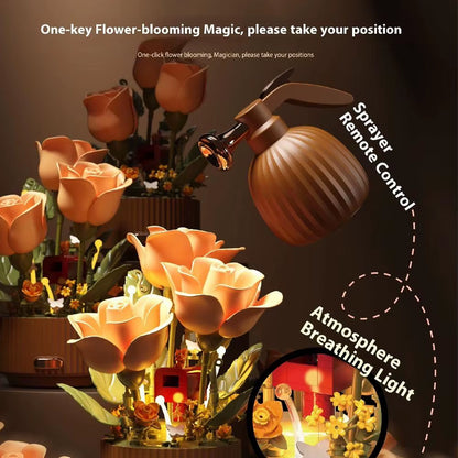 Dynamic Wooden Flower Arrangement Bouquet Model Auto-Blooming Petals, Magic Sprayer & Aromatherapy Breathing Lights
