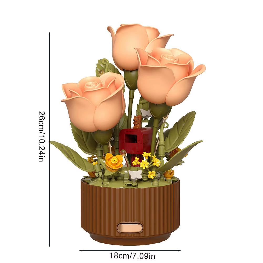 Dynamic Wooden Flower Arrangement Bouquet Model Auto-Blooming Petals, Magic Sprayer & Aromatherapy Breathing Lights
