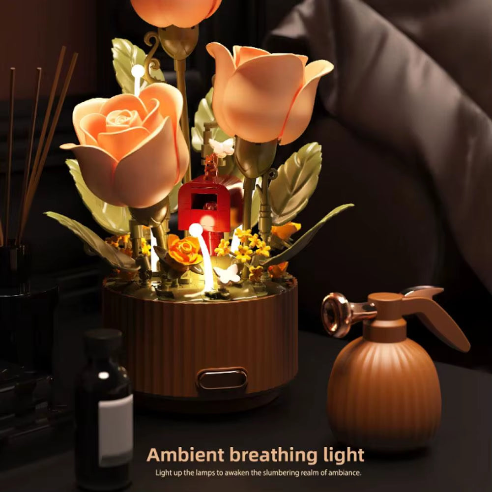 Dynamic Wooden Flower Arrangement Bouquet Model Auto-Blooming Petals, Magic Sprayer & Aromatherapy Breathing Lights