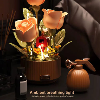 Dynamic Wooden Flower Arrangement Bouquet Model Auto-Blooming Petals, Magic Sprayer & Aromatherapy Breathing Lights