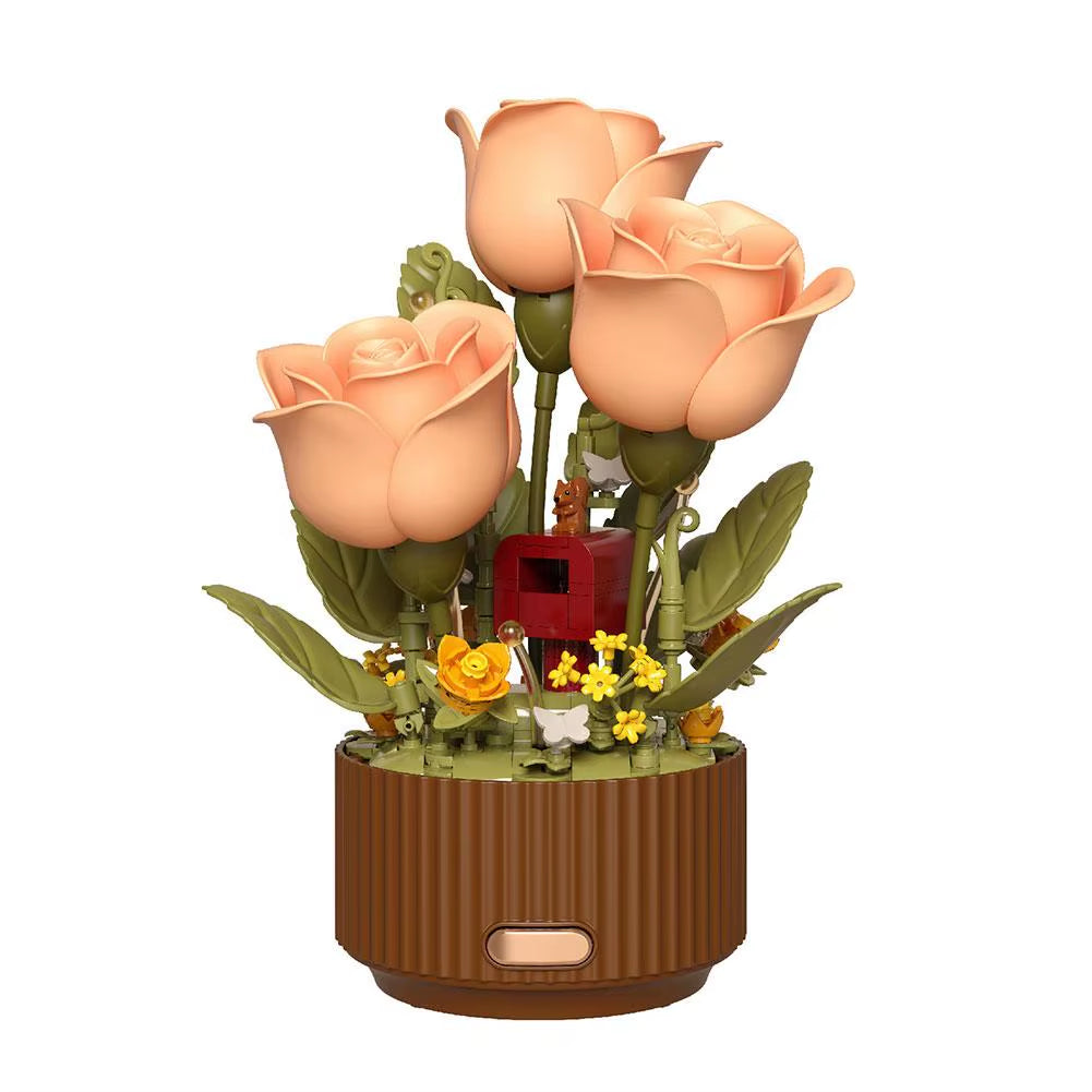 Dynamic Wooden Flower Arrangement Bouquet Model Auto-Blooming Petals, Magic Sprayer & Aromatherapy Breathing Lights